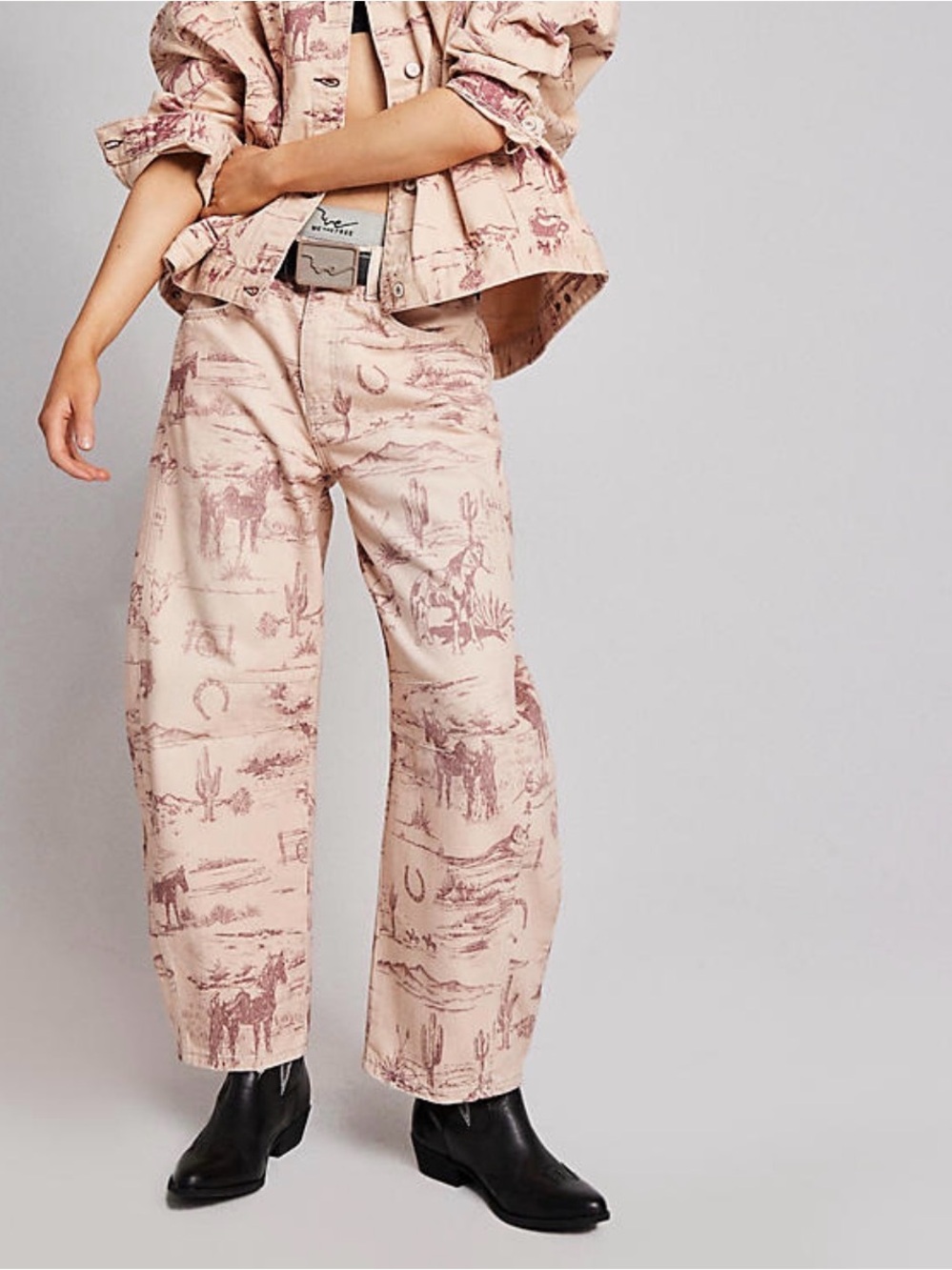Free People Pink Western Print Wide Leg Jeans